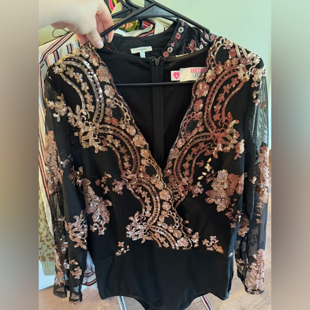 South Beach Black and Gold Embroidered Bodysuit